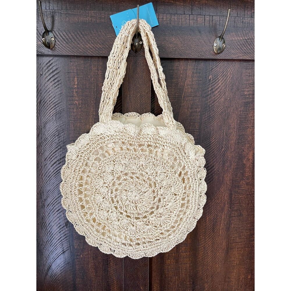 boho Crochet Round Straw Tote Bag Beige Beach Boho Lined Shoulder Purse